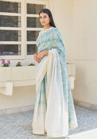Vaayu-Sky Ombre Printed Sari With Unstitched Blouse-INDIASPOPUP.COM