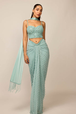 Powder blue single drop draped skirt set