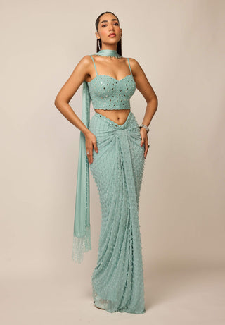 Powder blue single drop draped skirt set