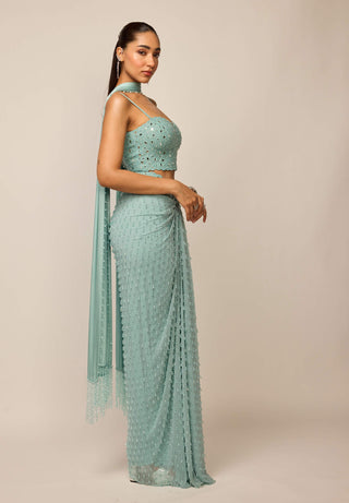 Powder blue single drop draped skirt set
