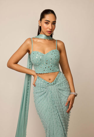 Powder blue single drop draped skirt set