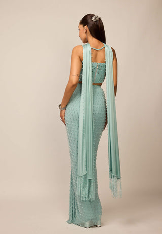 Powder blue single drop draped skirt set