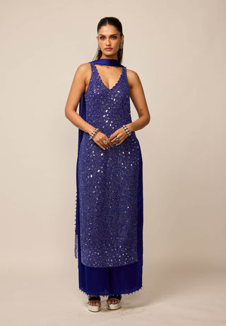 Cocktail blue v neck kurta set