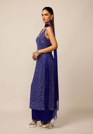Cocktail blue v neck kurta set