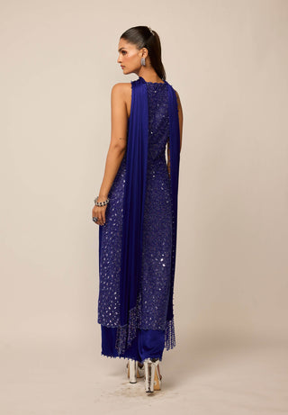 Cocktail blue v neck kurta set