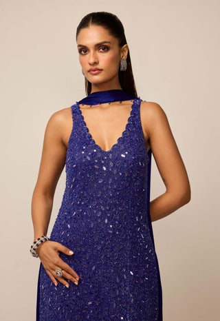 Cocktail blue v neck kurta set