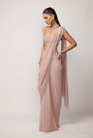 Ash pink sequins embroidered draped sari set