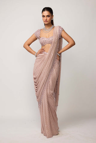 Ash pink sequins embroidered draped sari set