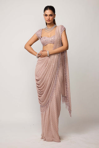 Ash pink sequins embroidered draped sari set