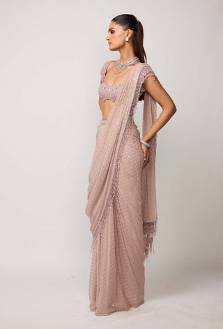 Ash pink sequins embroidered draped sari set