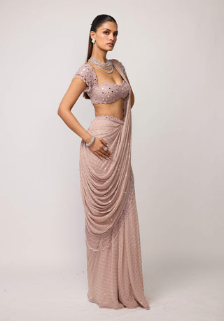 Ash pink sequins embroidered draped sari set