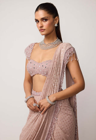 Ash pink sequins embroidered draped sari set