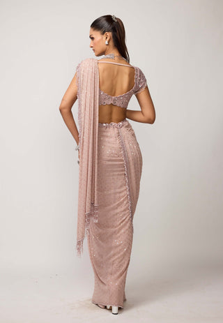 Ash pink sequins embroidered draped sari set