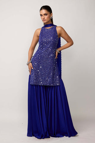 Cocktail blue satin sharara set
