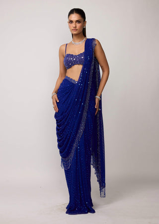 Cocktail blue sequins embroidered sari set