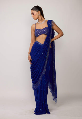 Cocktail blue sequins embroidered sari set