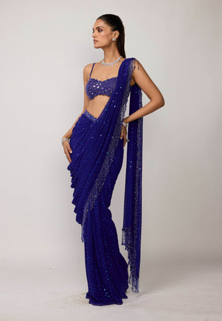 Cocktail blue sequins embroidered sari set