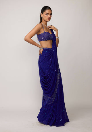 Cocktail blue sequins embroidered sari set