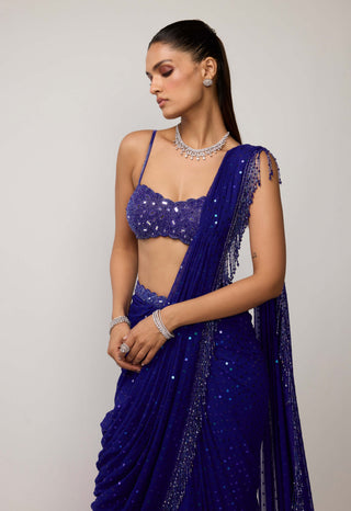 Cocktail blue sequins embroidered sari set