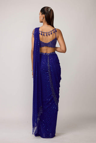 Cocktail blue sequins embroidered sari set