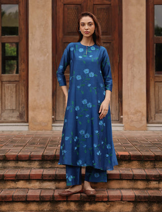 Indigo bloom embroidered tunic and pants