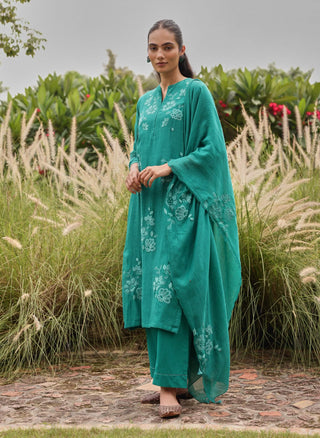 Teal applique embroidered kurta set