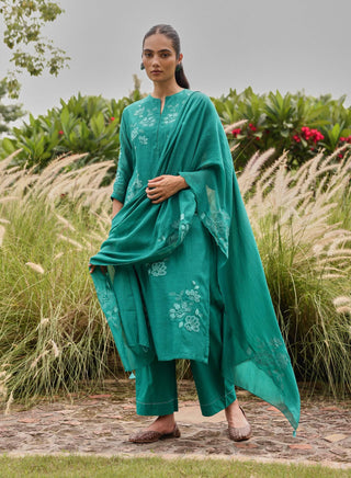 Teal applique embroidered kurta set