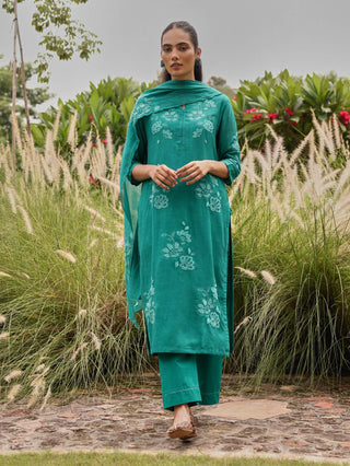 Teal applique embroidered kurta set