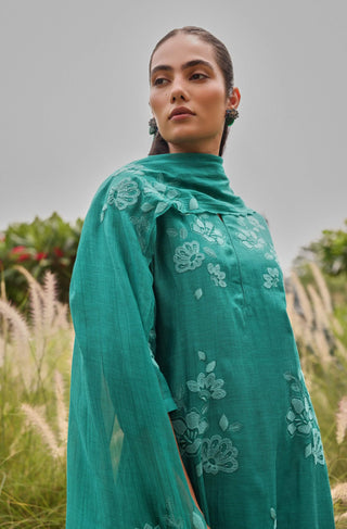 Teal applique embroidered kurta set