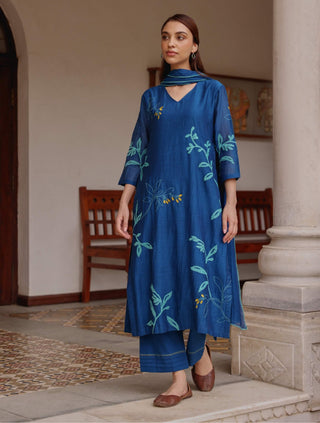 Indigo bloom applique kurta set