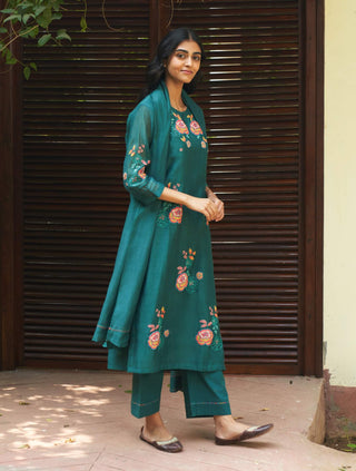 Emerald Floral Embroidered Kurta Set by Vaayu available on Indiaspopup