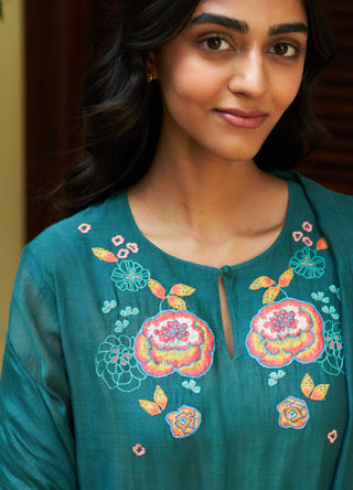 Emerald Floral Embroidered Kurta Set by Vaayu available on Indiaspopup