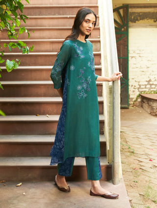 Emerald Applique Floral Tunic And Pants by Vaayu available on Indiaspopup