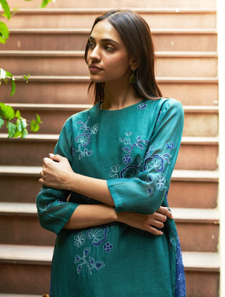 Emerald Applique Floral Tunic And Pants by Vaayu available on Indiaspopup