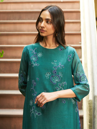 Emerald Applique Floral Tunic And Pants by Vaayu available on Indiaspopup