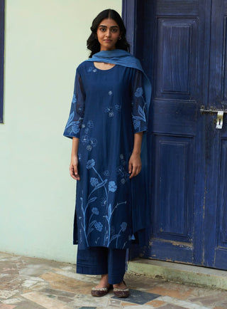 Indigo Floral Embroidered Kurta Set by Vaayu available on Indiaspopup