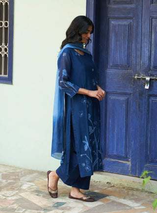 Indigo Floral Embroidered Kurta Set by Vaayu available on Indiaspopup