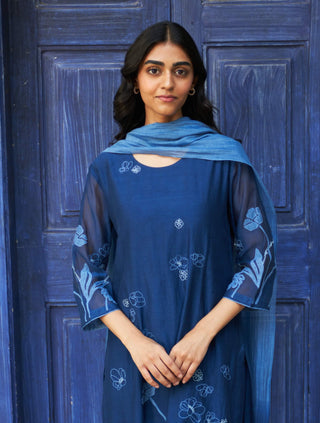 Indigo Floral Embroidered Kurta Set by Vaayu available on Indiaspopup