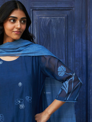 Indigo Floral Embroidered Kurta Set by Vaayu available on Indiaspopup