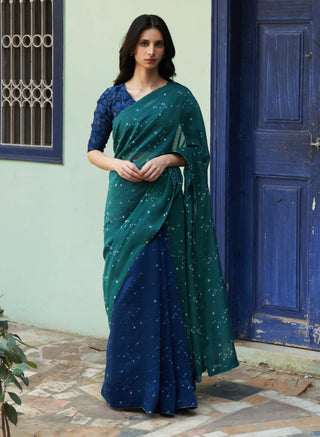 Emerald Printed Sari And Blouse by Vaayu available on Indiaspopup