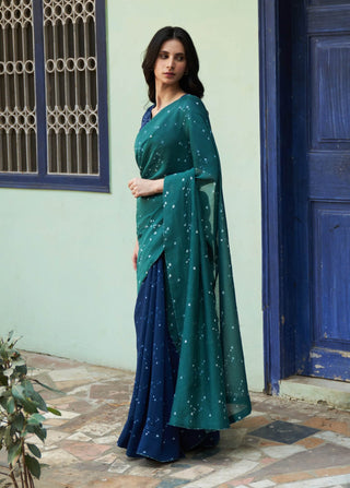 Emerald Printed Sari And Blouse by Vaayu available on Indiaspopup