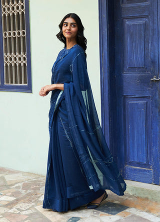 Indigo Threadwork Sari And Blouse by Vaayu available on Indiaspopup