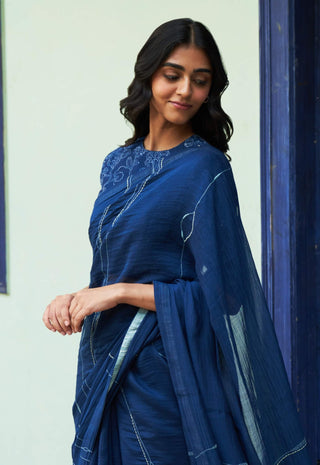 Indigo threadwork sari and blouse