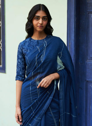 Indigo Threadwork Sari And Blouse by Vaayu available on Indiaspopup