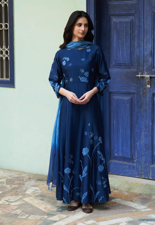 Indigo Floral Anarkali And Dupatta by Vaayu available on Indiaspopup