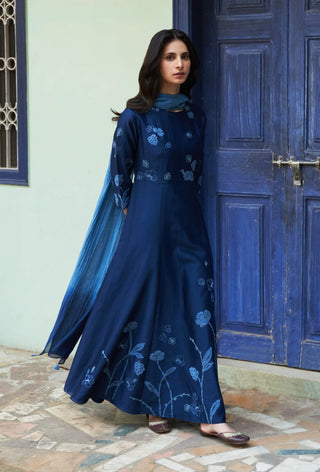 Indigo Floral Anarkali And Dupatta by Vaayu available on Indiaspopup