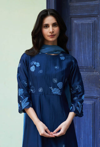 Indigo Floral Anarkali And Dupatta by Vaayu available on Indiaspopup