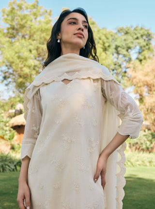 Ecru embroidered cotton kurta set