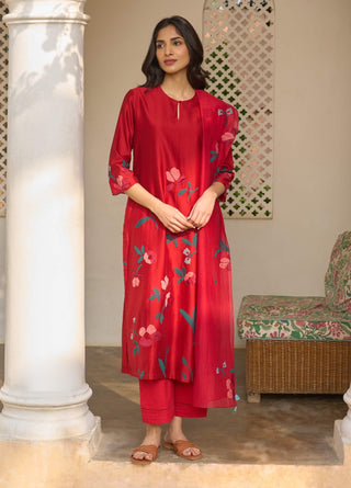 Cherry red applique kurta set