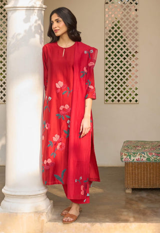 Cherry red applique kurta set